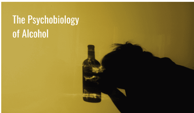 A silhouetted person rests their head against a bottle, with a yellow background and the title “The Psychobiology of Alcohol” displayed. The image conveys emotional and physical distress associated with alcohol use disorder, emphasizing the importance of recognizing early warning signs for alcohol use disorder in clinical and recovery settings.